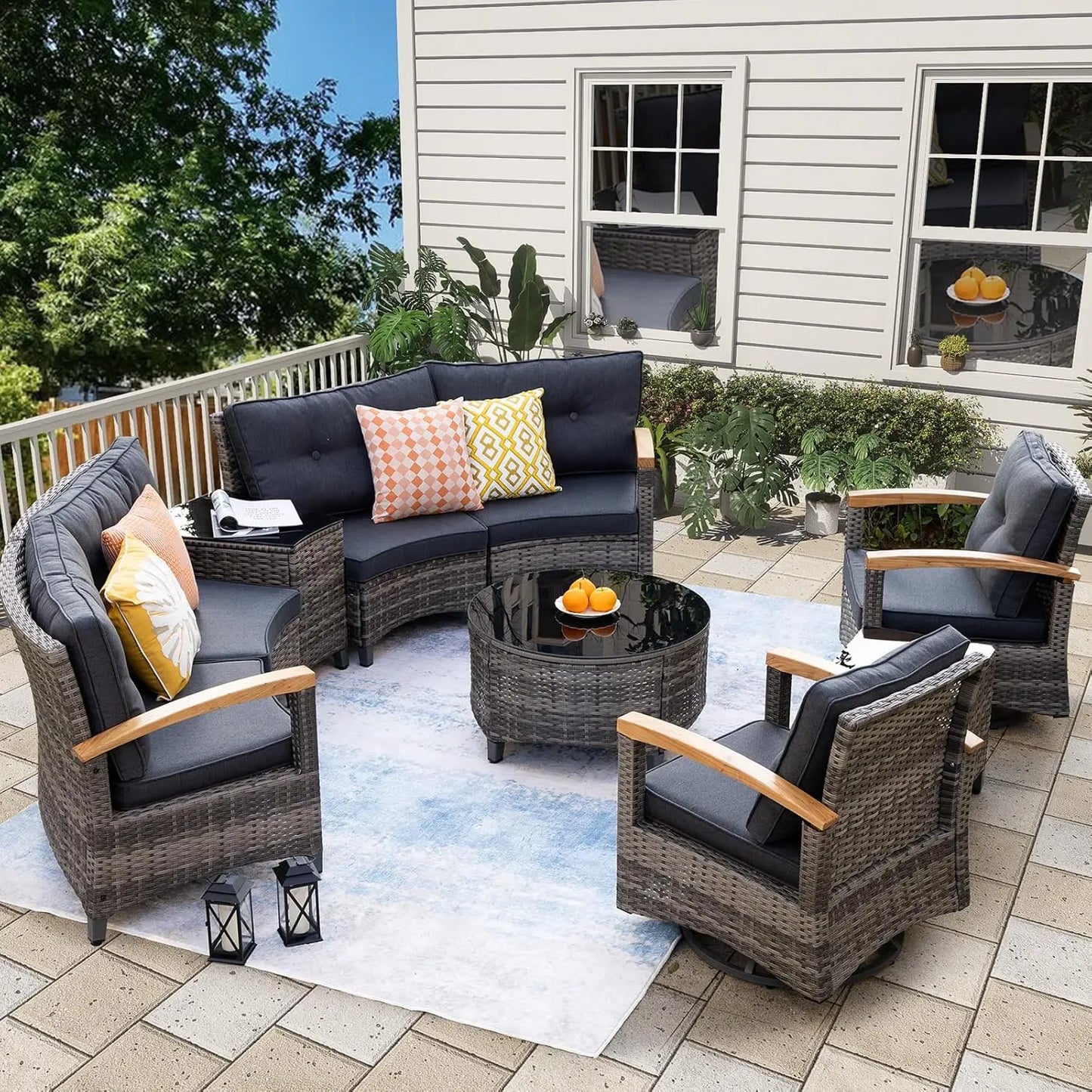 Stylish Half Moon Rattan Patio Conversation Furniture Set