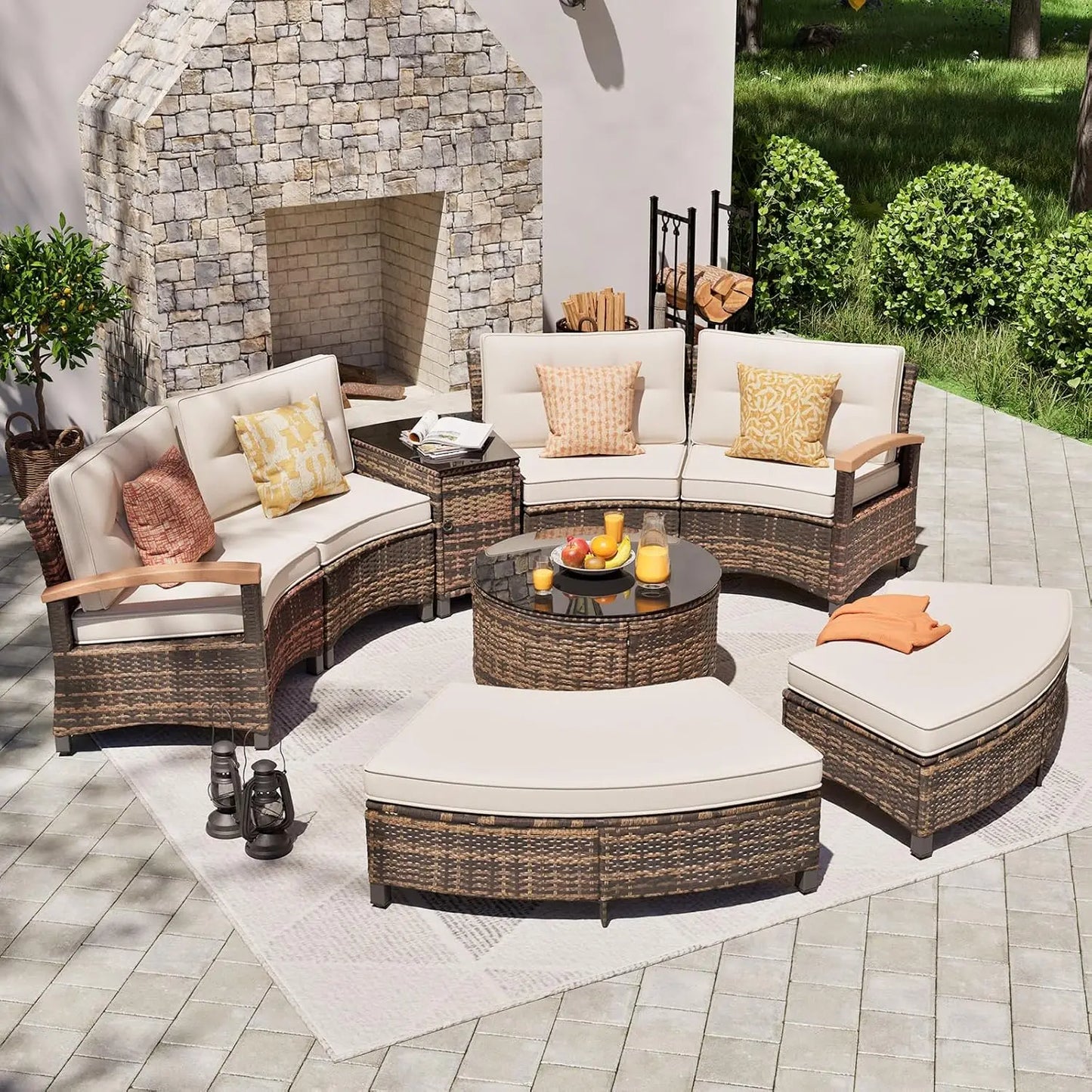 Stylish Half Moon Rattan Patio Conversation Furniture Set