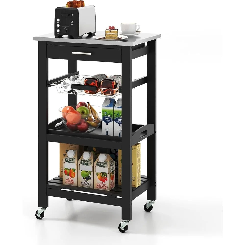 Rolling Kitchen Island Cart With Drawer And Stainless Steel