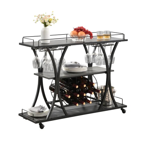 Three Tier Bar Cart With Mobile Wine Glass Storage
