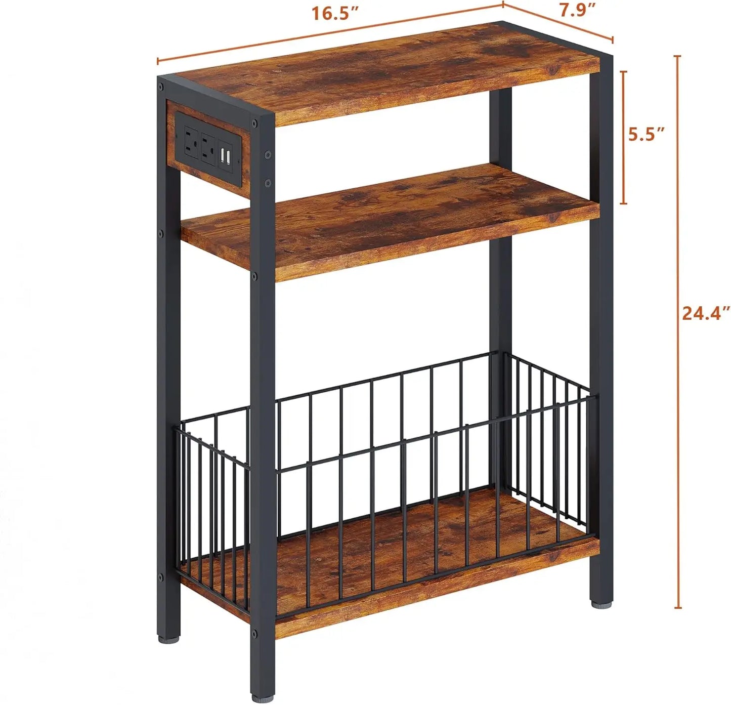 Narrow Side Table Set with Charging Station and Storage Basket