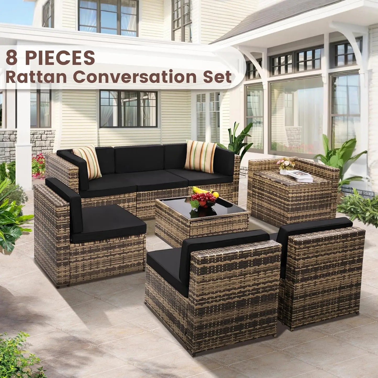 Outdoor Wicker Rattan Sectional Furniture Set with Glass Table