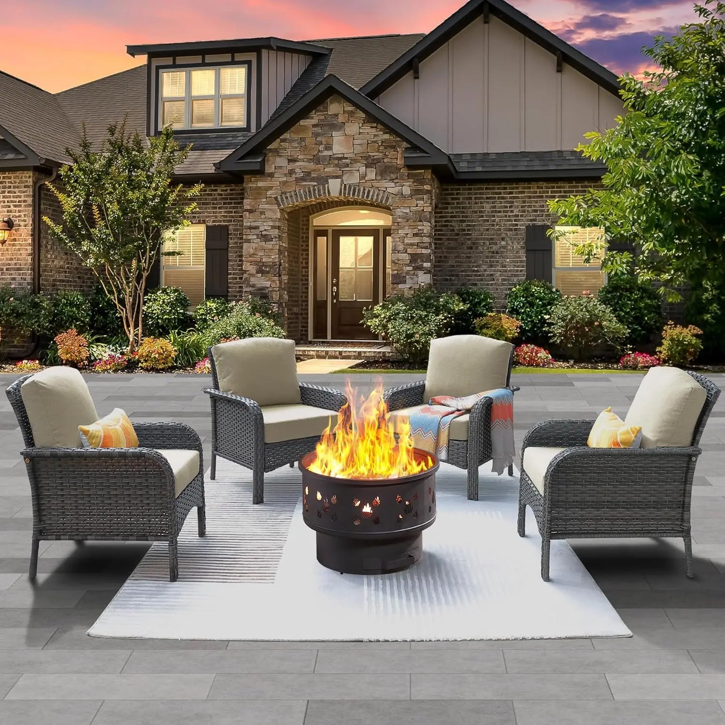 Outdoor Wicker Patio Set Fire Pit High Back Chairs