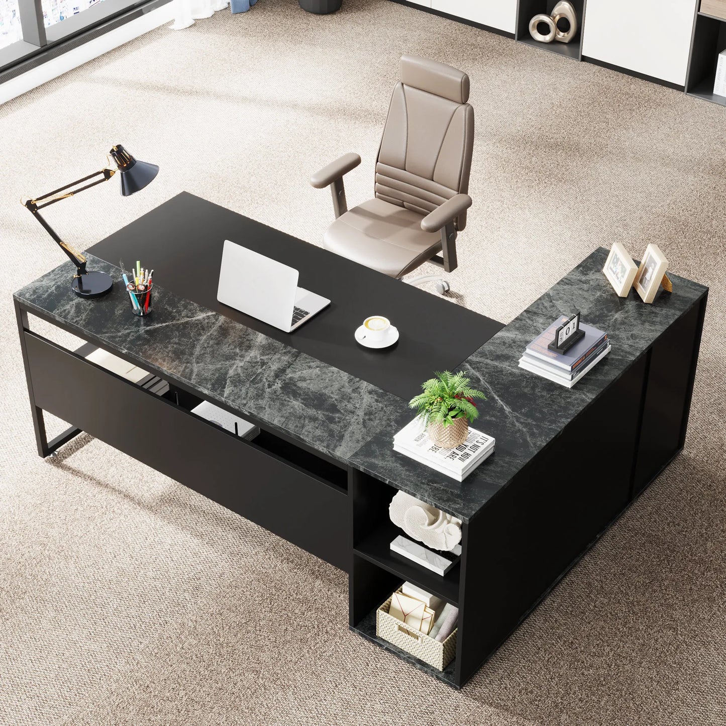 Tribesigns L Shaped Executive Desk With Cabinet Storage