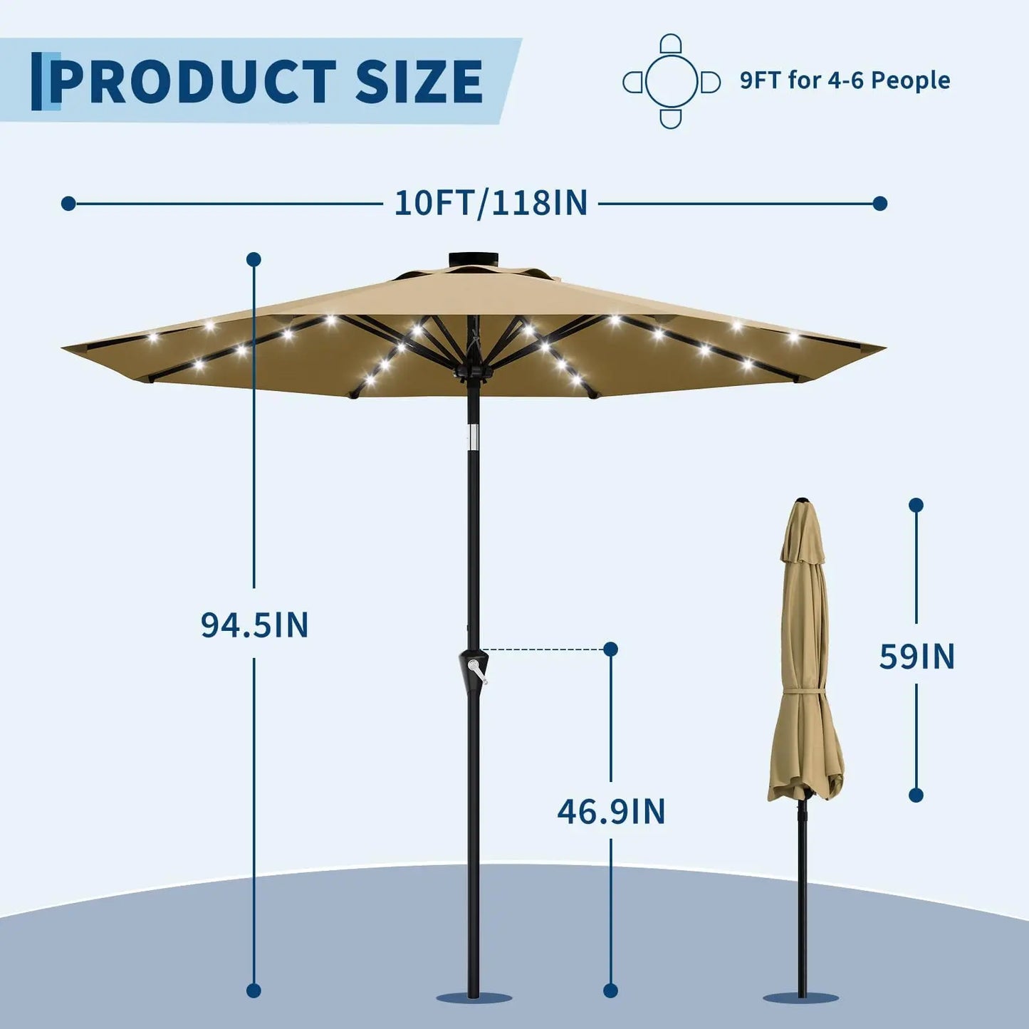 Solar Powered Patio Umbrella With 32 LED Lights Tilt System