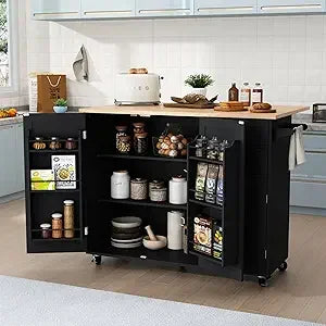 Rolling Kitchen Island with Storage and Drop-Leaf Countertop