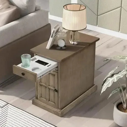 Vintage Wooden End Table With USB Ports And Cup Holders