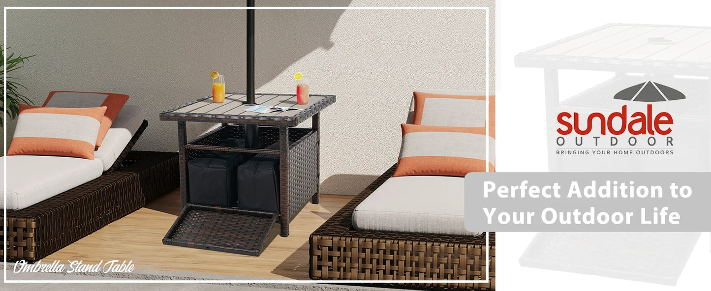 Wicker Patio Umbrella Stand With Side Table And Weight Bags