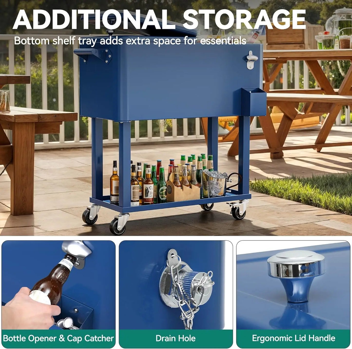 Outdoor Rolling Beverage Cart With Bottle Opener And Drainage
