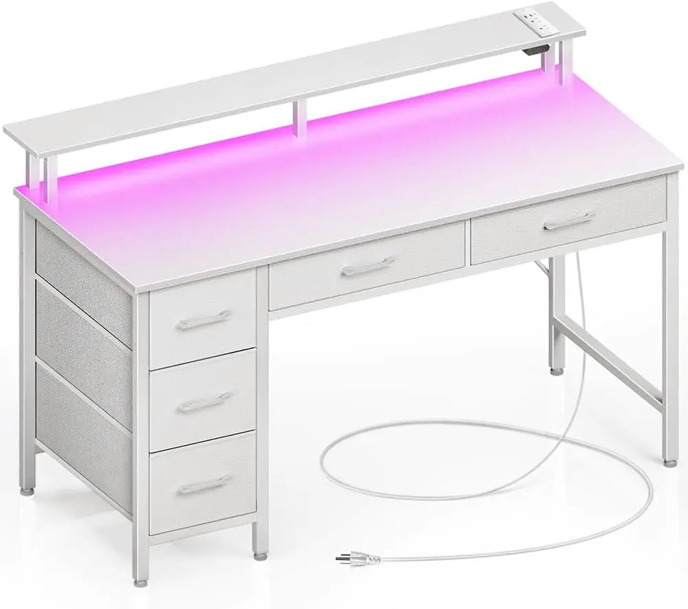 LED Computer Desk With Power Outlets Monitor Stand And Drawers