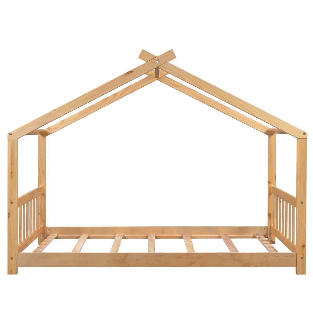 Wood House Shaped Twin Platform Bed for Kids Safe Sleeping