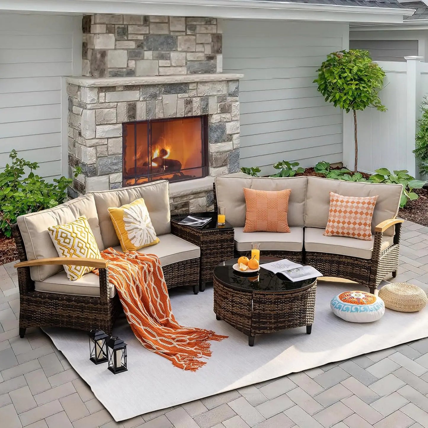 Stylish Half Moon Rattan Patio Conversation Furniture Set