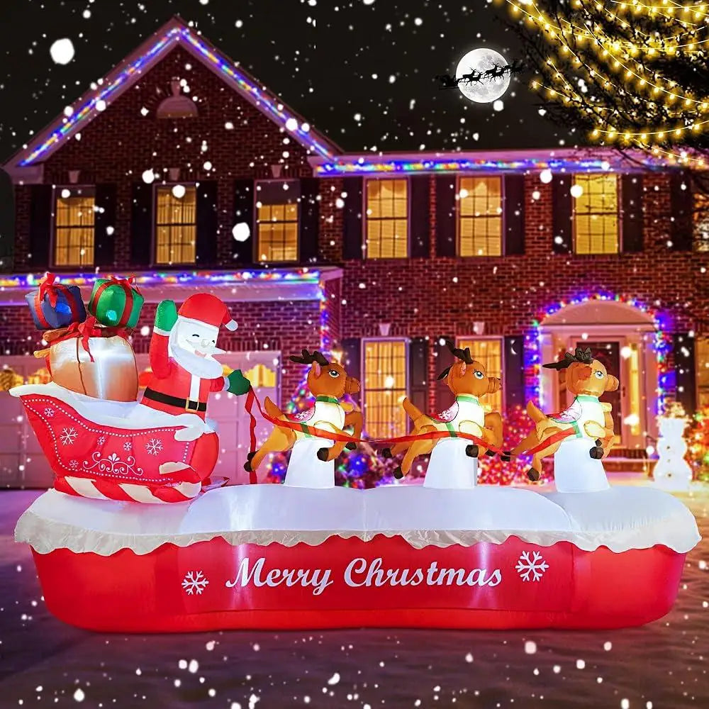 10FT Inflatable Santa Claus Sleigh with Elk LED Lights Outdoor Christmas Decorations Yard Holiday Display