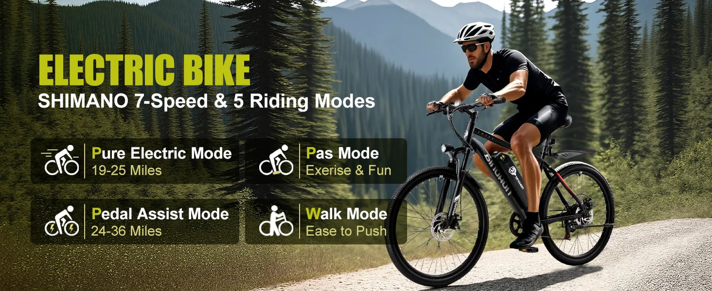Mountain Electric Bike Adults 500W Peak Motor 26'' Tires Front Suspension Electric Bicycle 25-37Miles 7-Speed Lightweight E-MTB