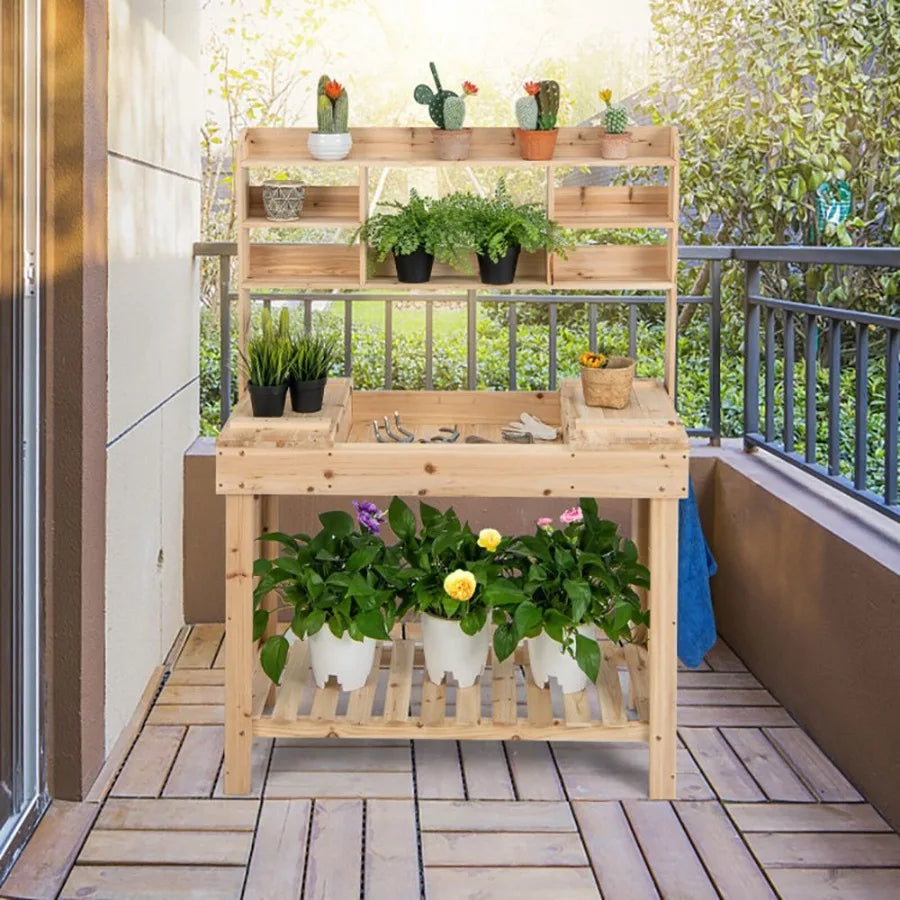 Garden Potting Bench with Display Rack and Hidden Sink