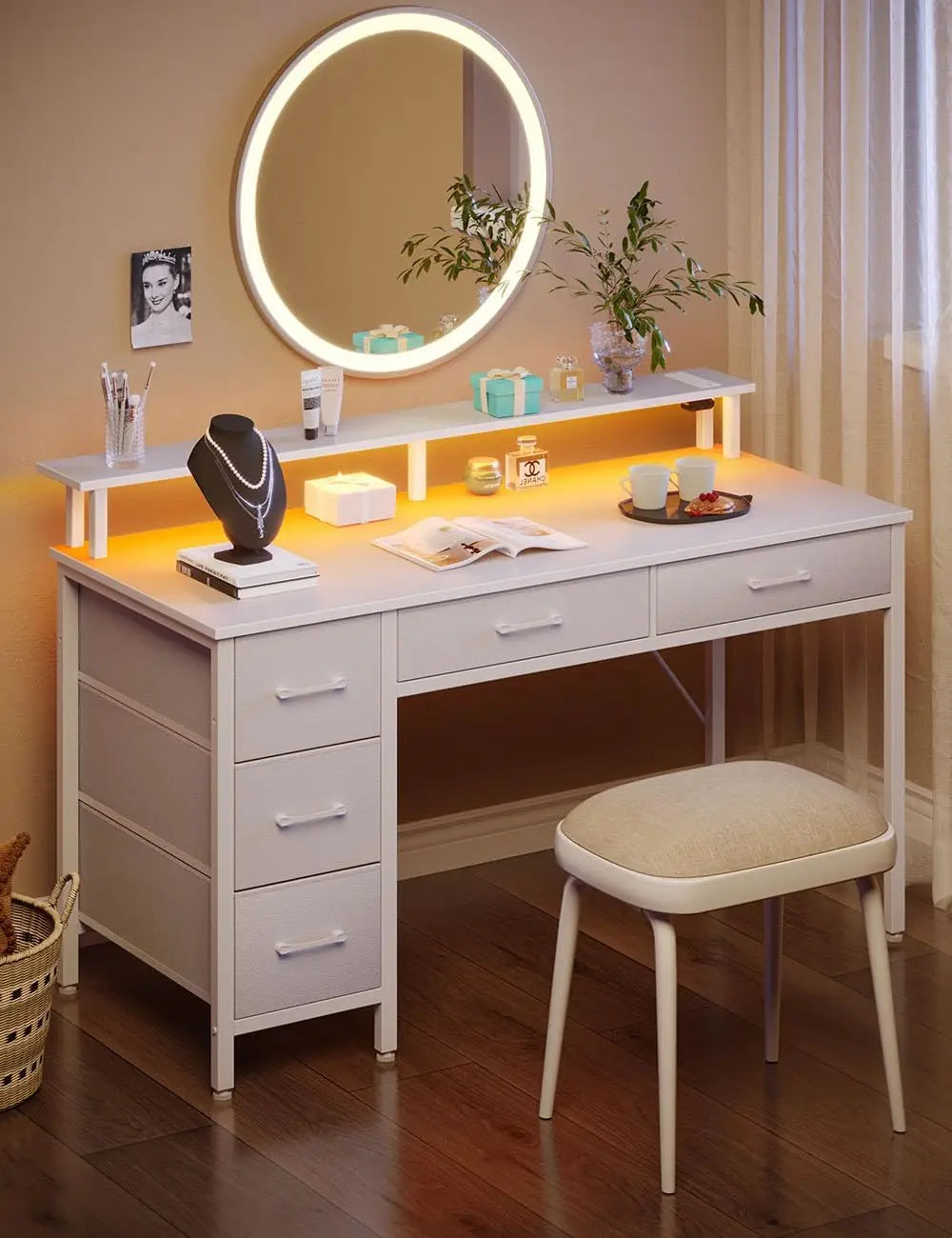 LED Computer Desk With Power Outlets Monitor Stand And Drawers