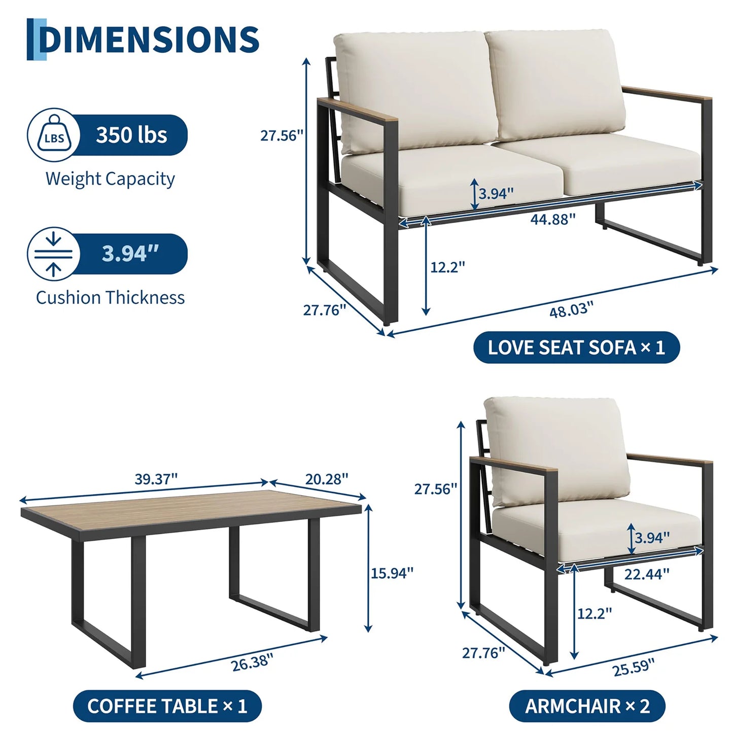 Modern Outdoor Patio Furniture Set With Cushioned Sofa Coffee Table