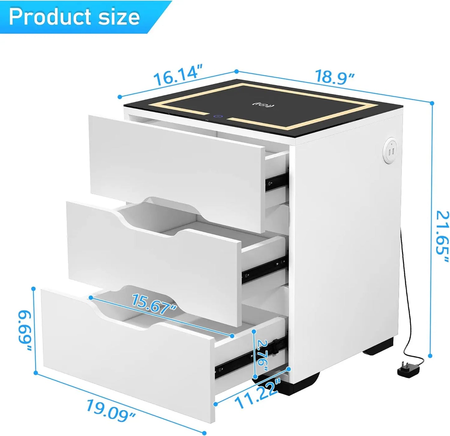 Smart Nightstand With Wireless Charger Adjustable LED High Gloss Drawers