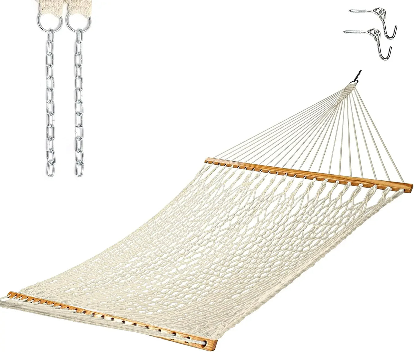 Castaway Living 13 ft. Double Traditional Hand Woven Cotton Rope Hammock with Free Extension Chains & Tree Hooks, Designed in Th