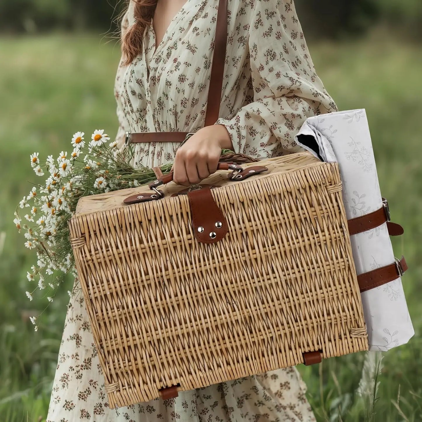 Wicker Picnic Basket for Two with Blanket & Wine Pouch | Outdoor Picnic Set