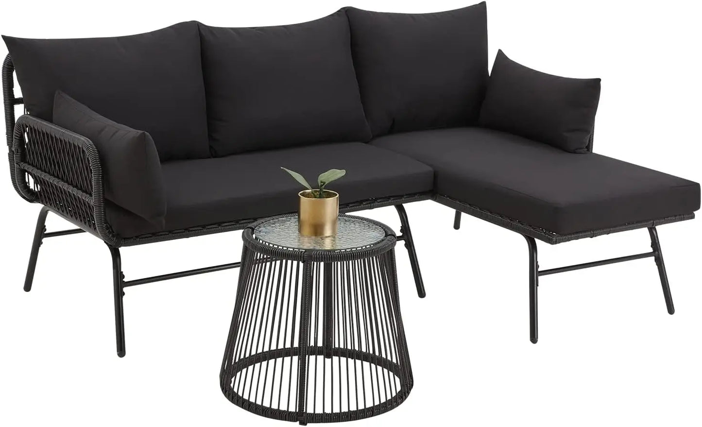 L Shaped Patio Sectional Sofa Set With Glass Coffee Table