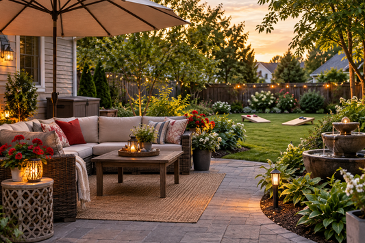 Inviting backyard with outdoor seating, patio umbrella, garden fountain, lighting, and lawn games