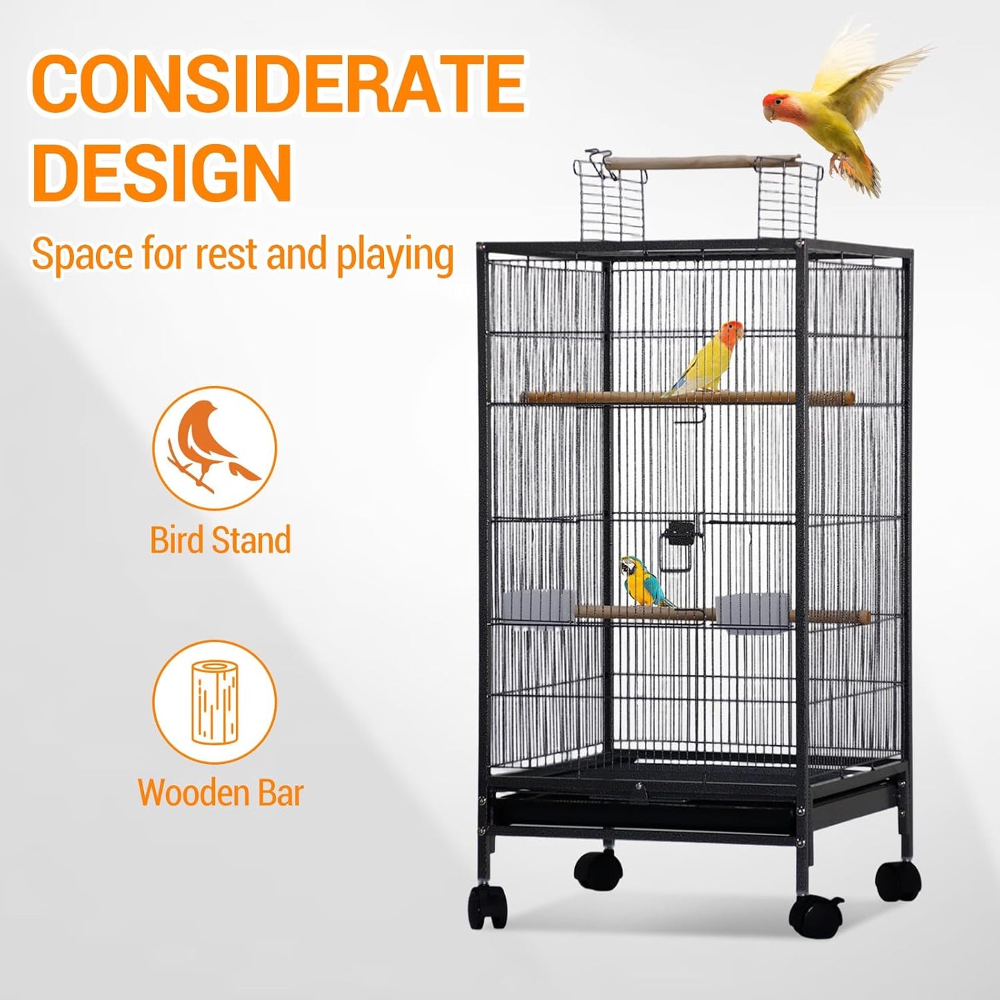 Wrought Iron Bird Cage With Rolling Stand Open Top Tray