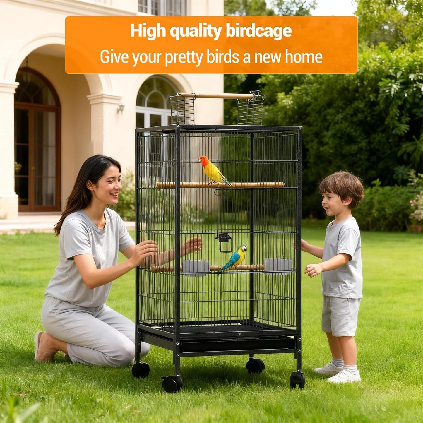 Wrought Iron Bird Cage With Rolling Stand Open Top Tray