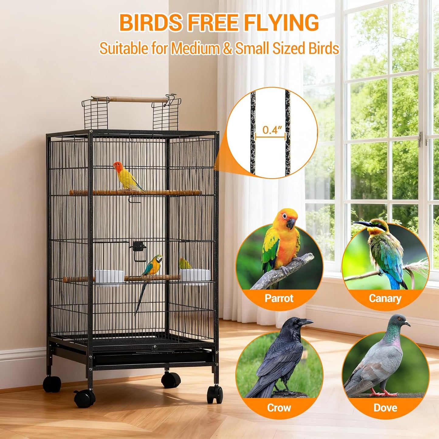 Wrought Iron Bird Cage With Rolling Stand Open Top Tray