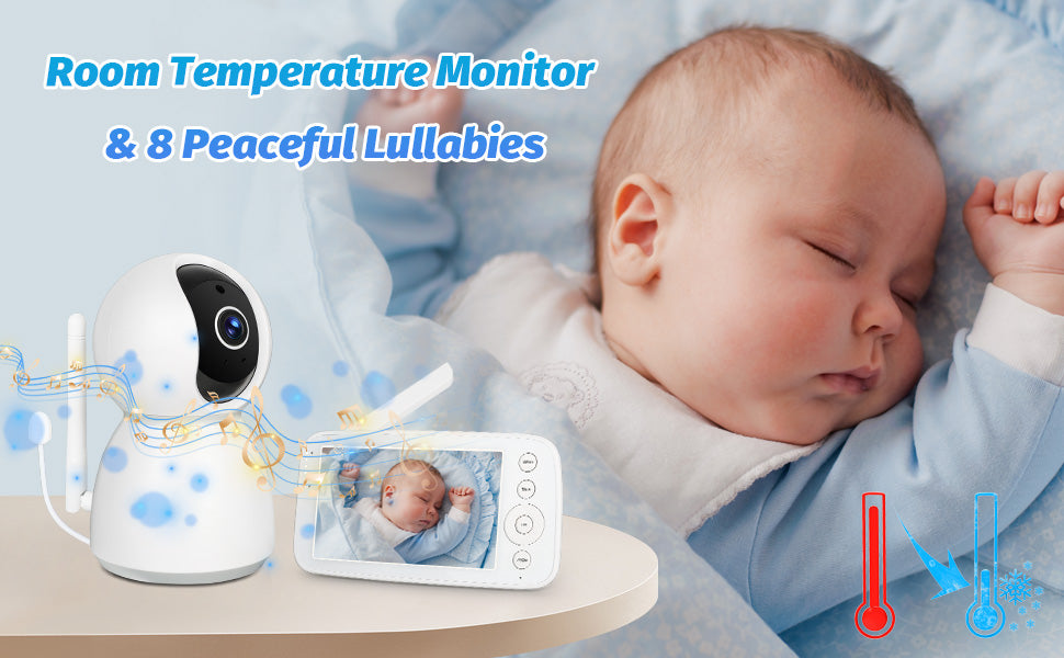 BM505 Baby Monitor Camera Audio 5" Screen 28Hrs Battery Video Camera Night Vision 2Way Talk 10 Lullabies Baby Nanny Security Cam