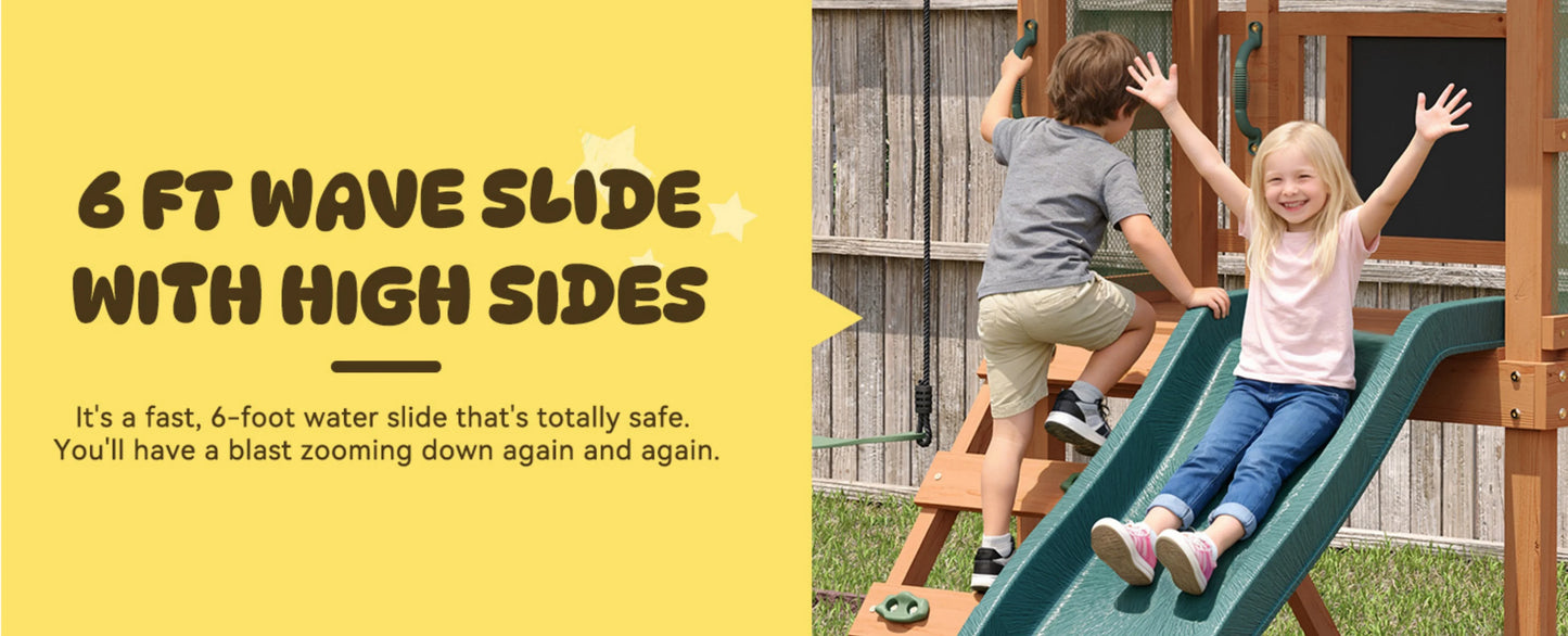 Wooden Backyard Swing Set with Slide, Swings &amp; Climbing Wall