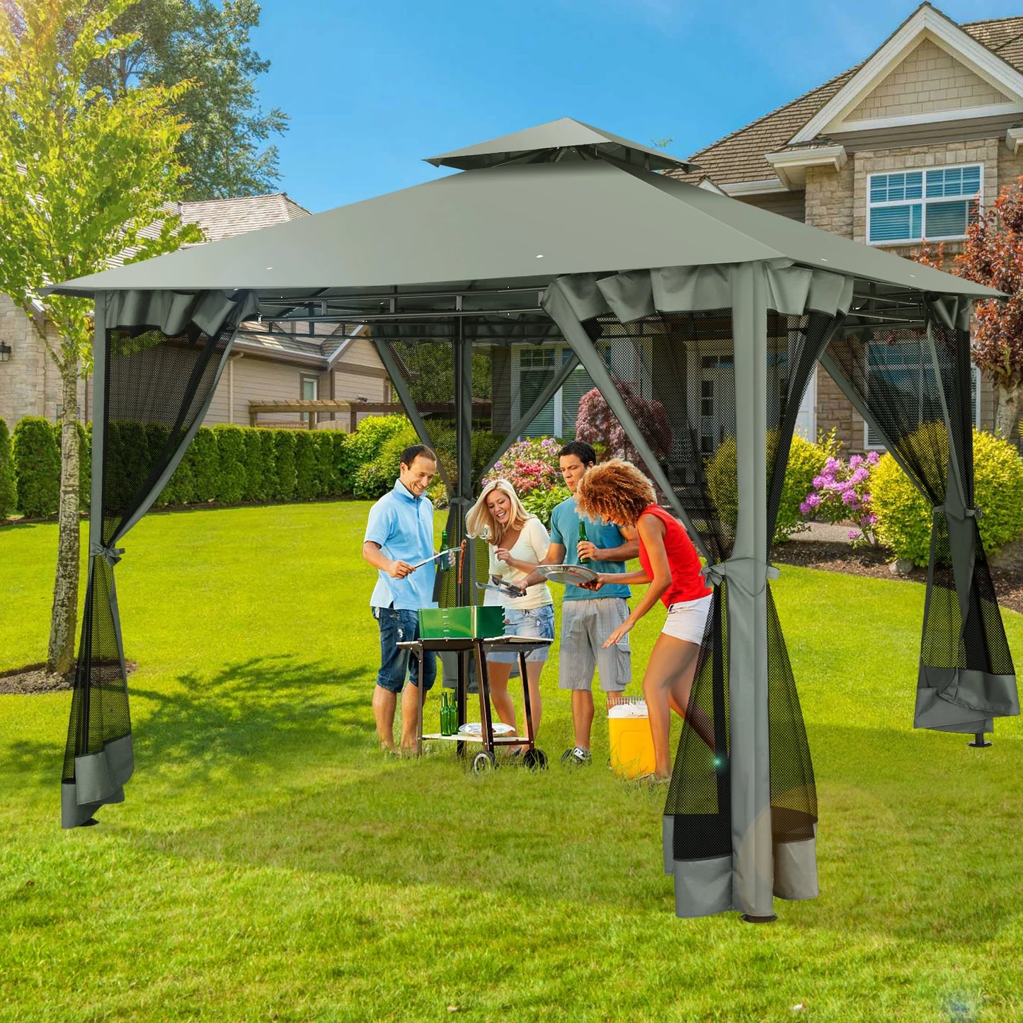 10' x 10' Steel Frame Patio Gazebo with Double Roof &amp; Mesh Netting