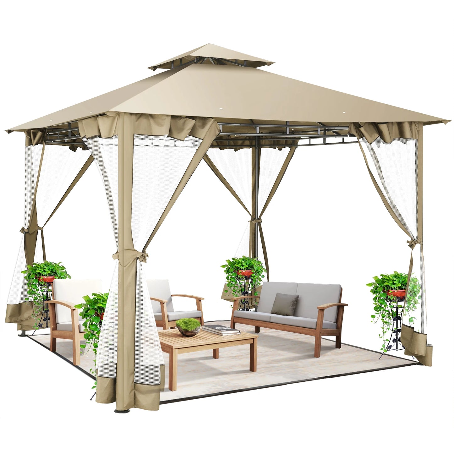 10' x 10' Steel Frame Patio Gazebo with Double Roof &amp; Mesh Netting