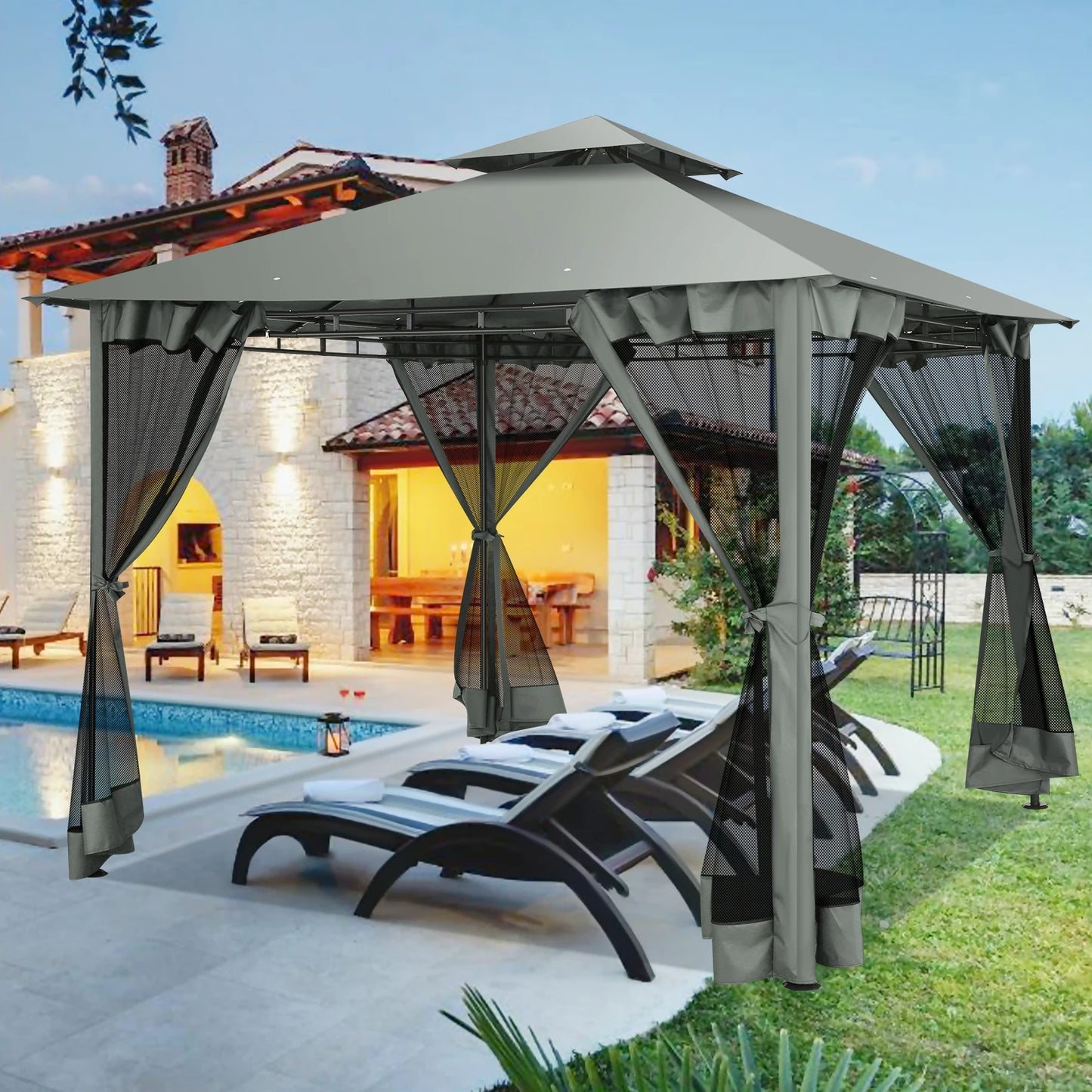 10' x 10' Steel Frame Patio Gazebo with Double Roof &amp; Mesh Netting