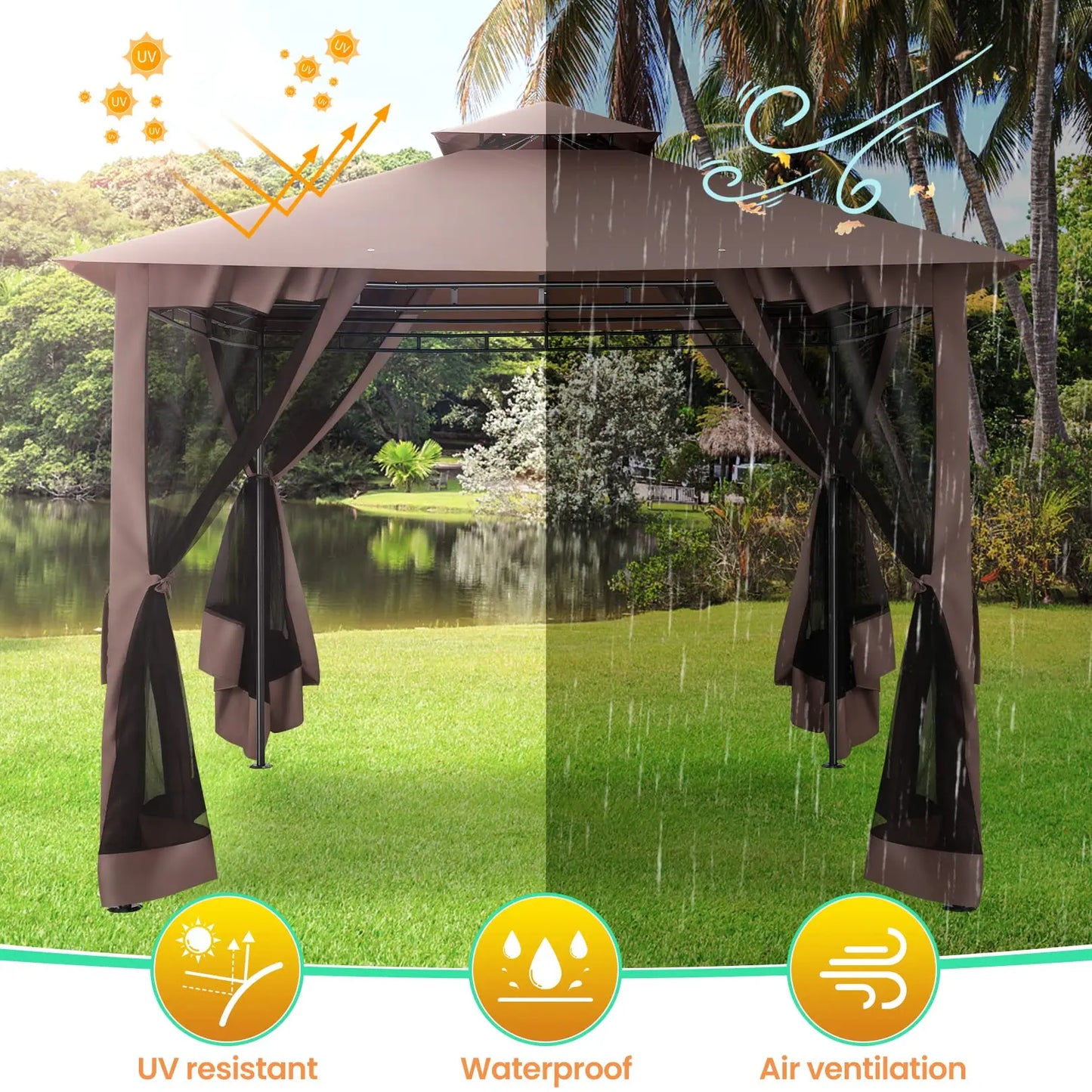 10' x 10' Steel Frame Patio Gazebo with Double Roof &amp; Mesh Netting