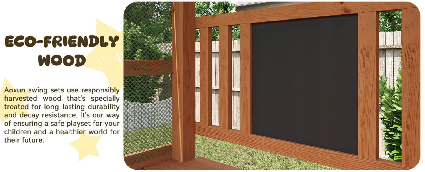 Wooden Backyard Swing Set with Slide, Swings &amp; Climbing Wall
