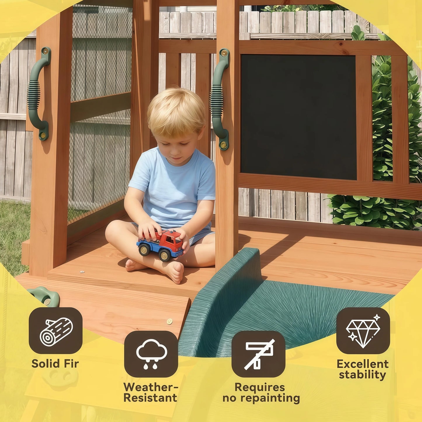 Wooden Backyard Swing Set with Slide, Swings &amp; Climbing Wall