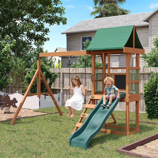 Wooden Backyard Swing Set with Slide, Swings &amp; Climbing Wall