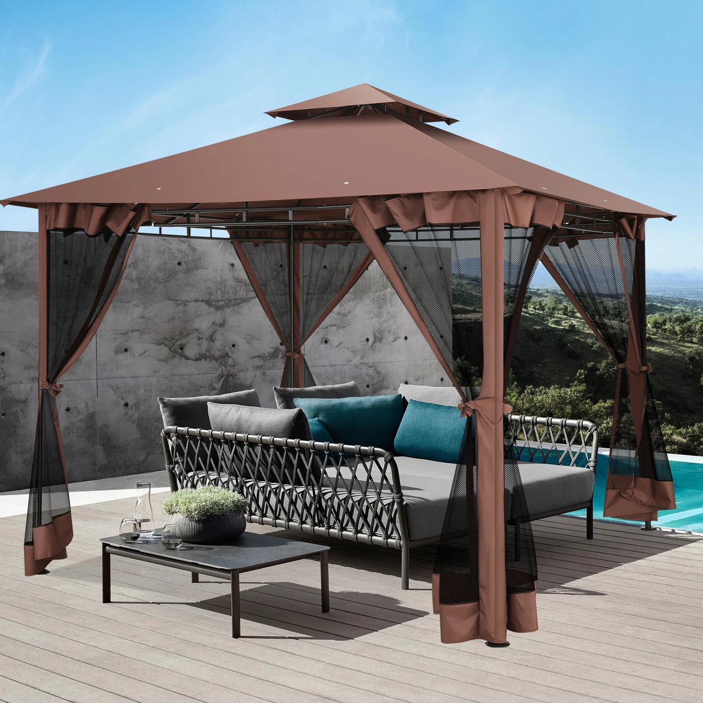 10' x 10' Steel Frame Patio Gazebo with Double Roof &amp; Mesh Netting