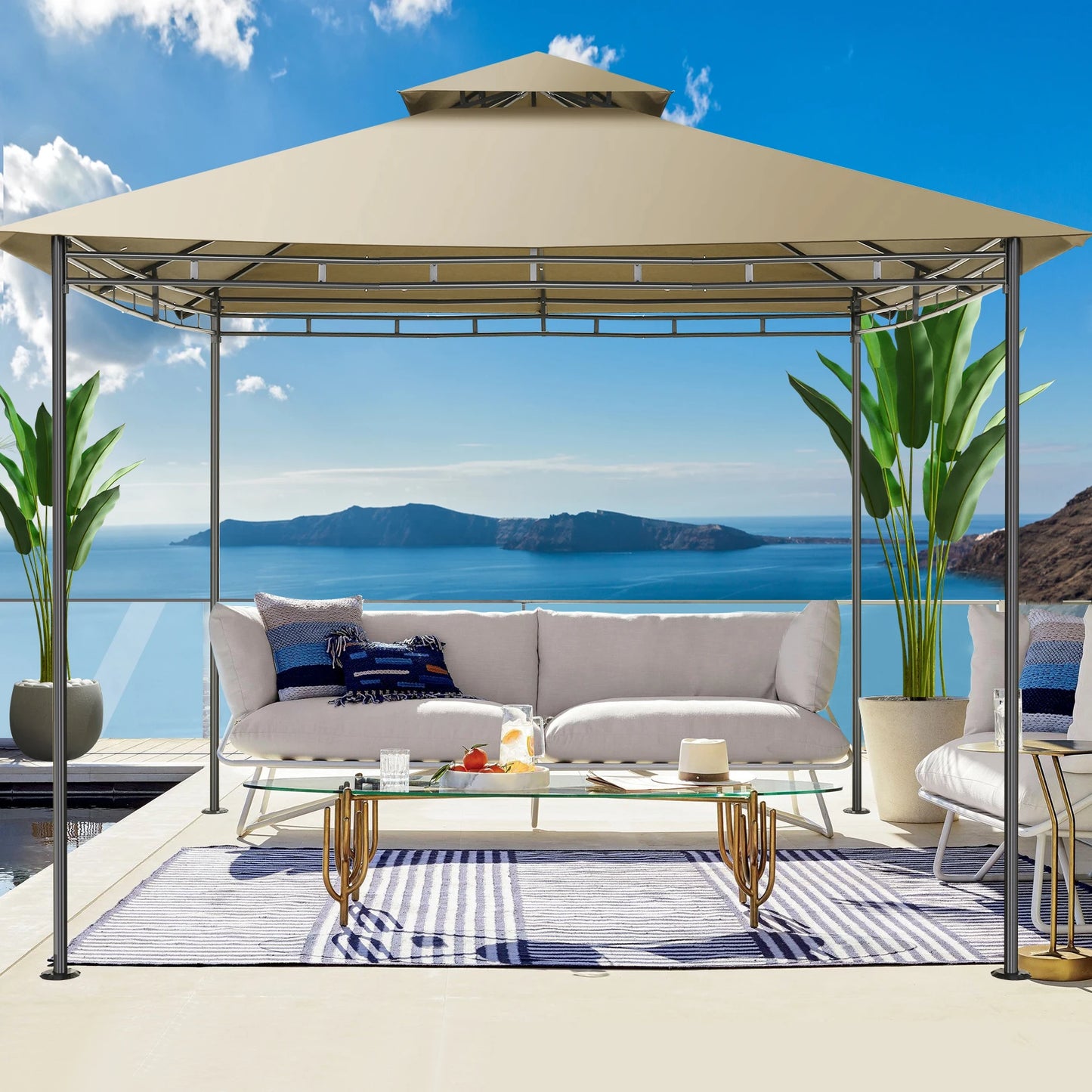 10' x 10' Steel Frame Patio Gazebo with Double Roof &amp; Mesh Netting