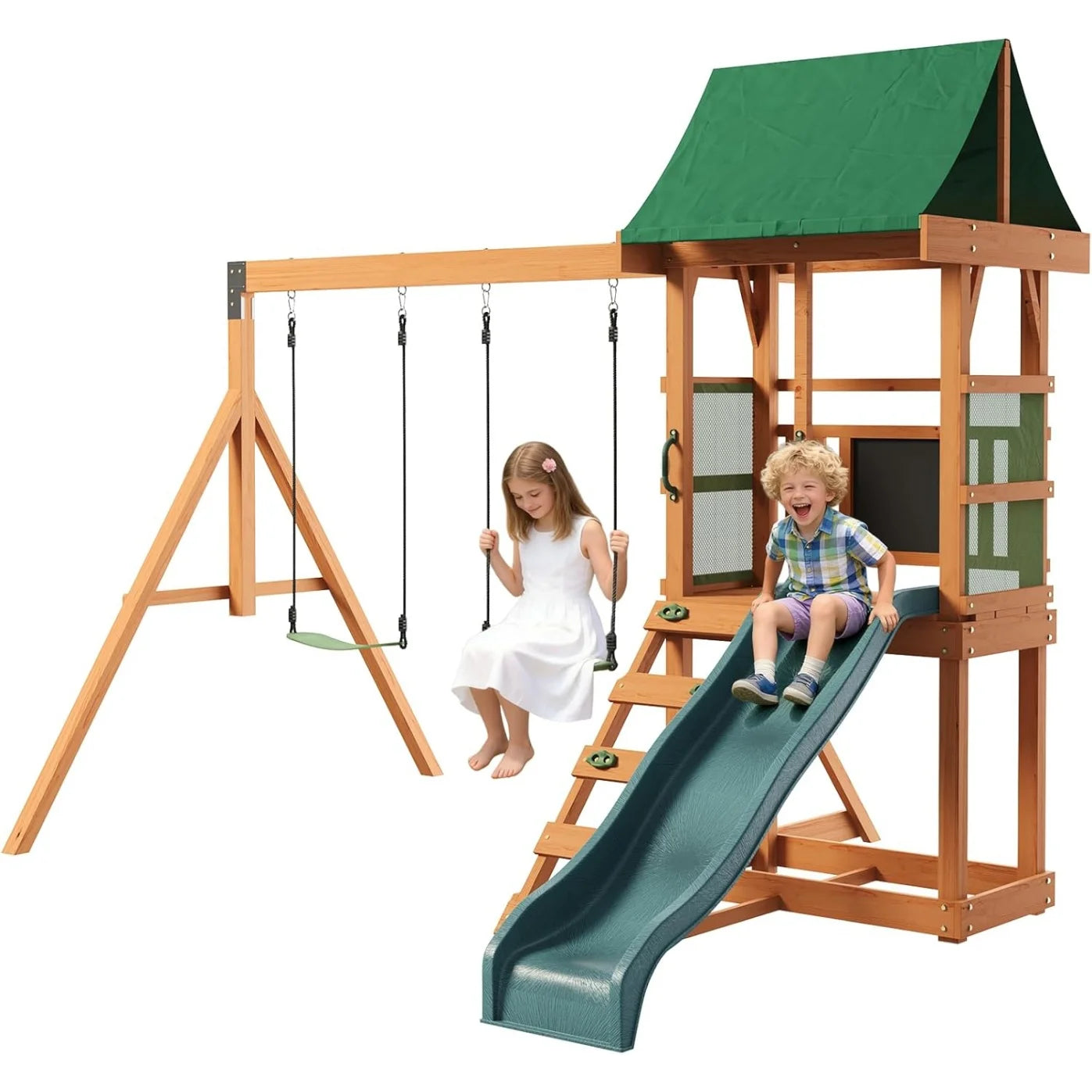 Wooden Backyard Swing Set with Slide, Swings &amp; Climbing Wall