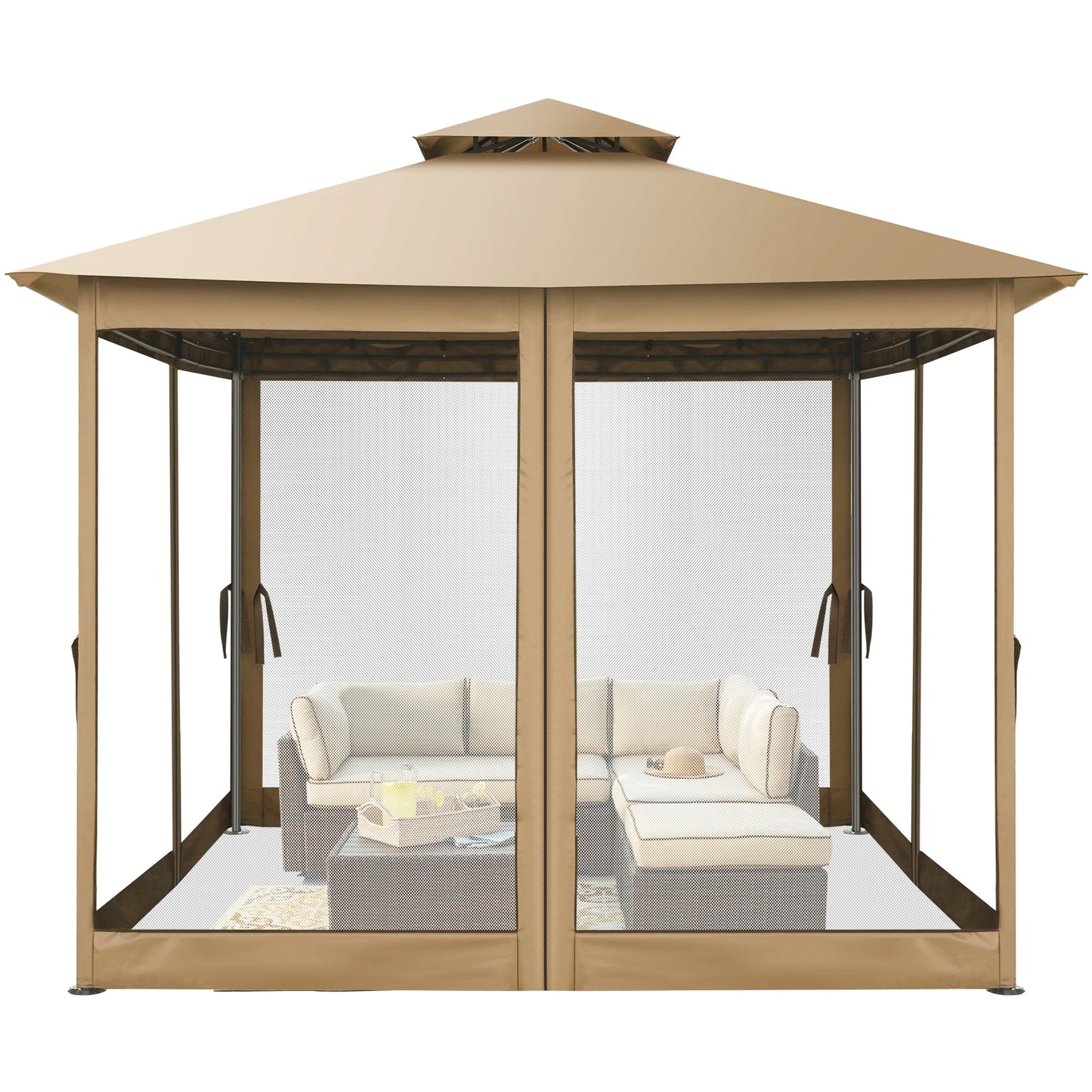 10' x 10' Steel Frame Patio Gazebo with Double Roof &amp; Mesh Netting