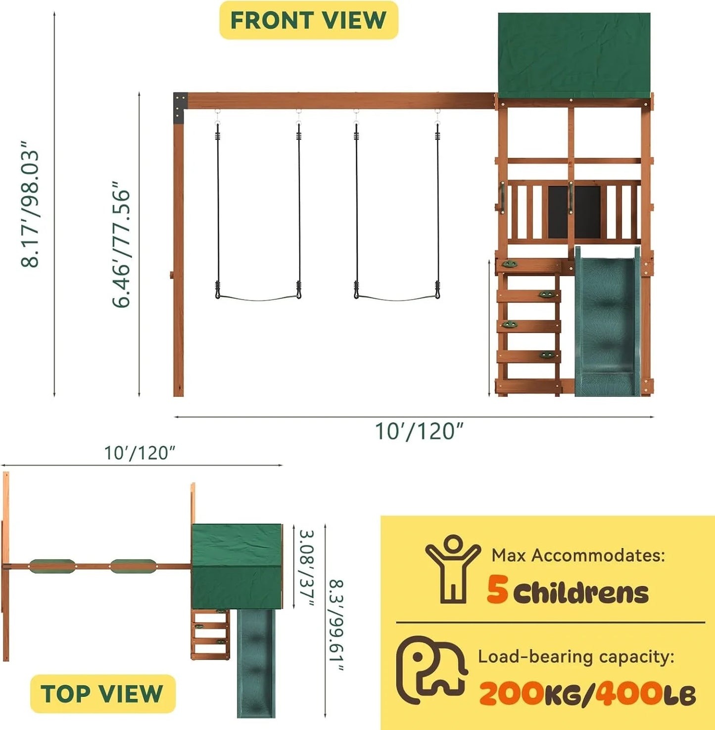 Wooden Backyard Swing Set with Slide, Swings &amp; Climbing Wall