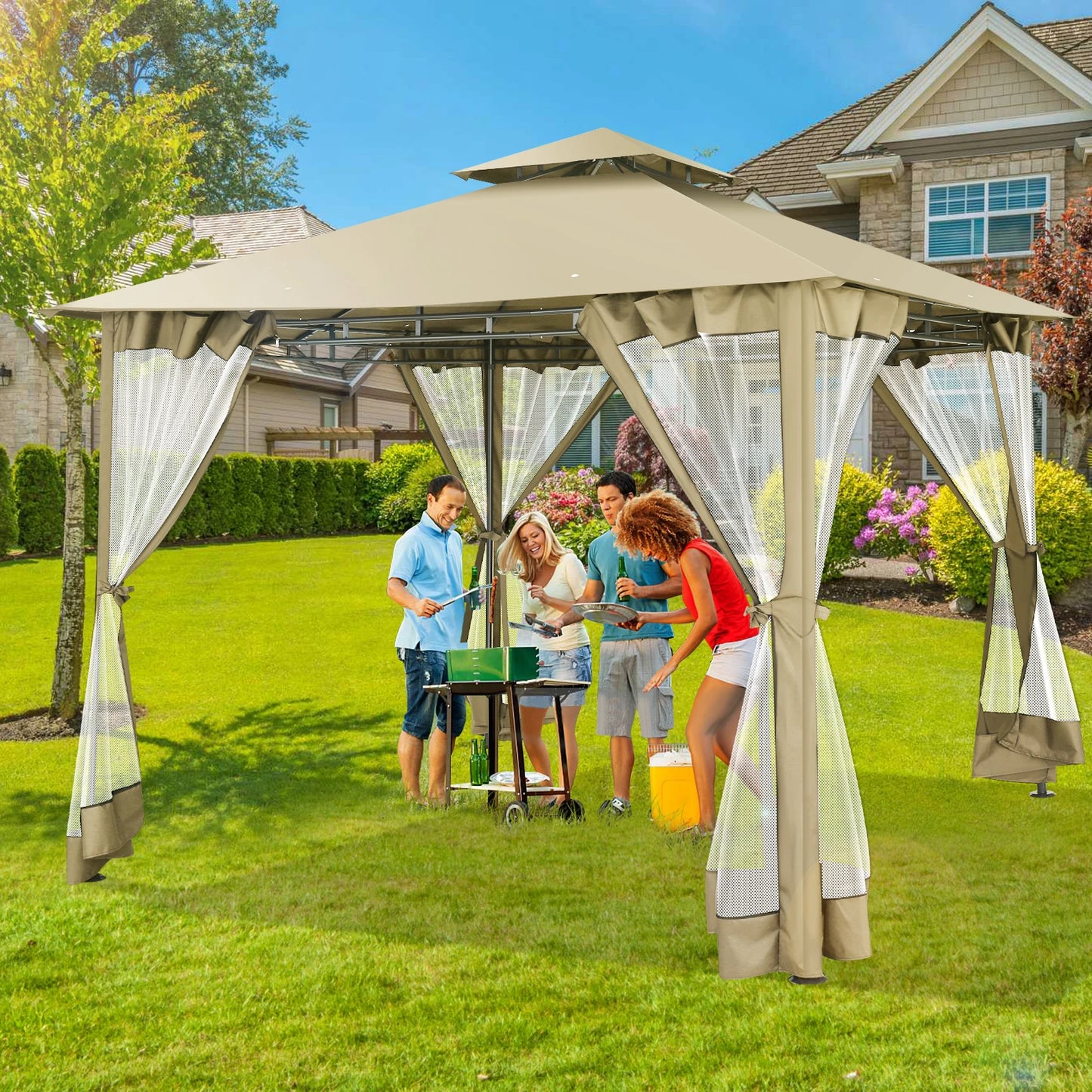 10' x 10' Steel Frame Patio Gazebo with Double Roof &amp; Mesh Netting