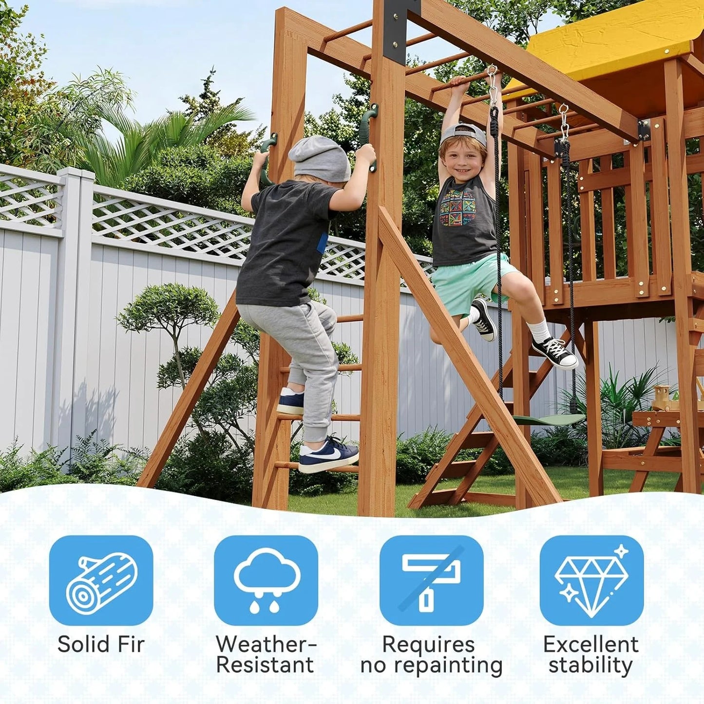 Wooden Backyard Swing Set With Wave Slide And Climbing Wall