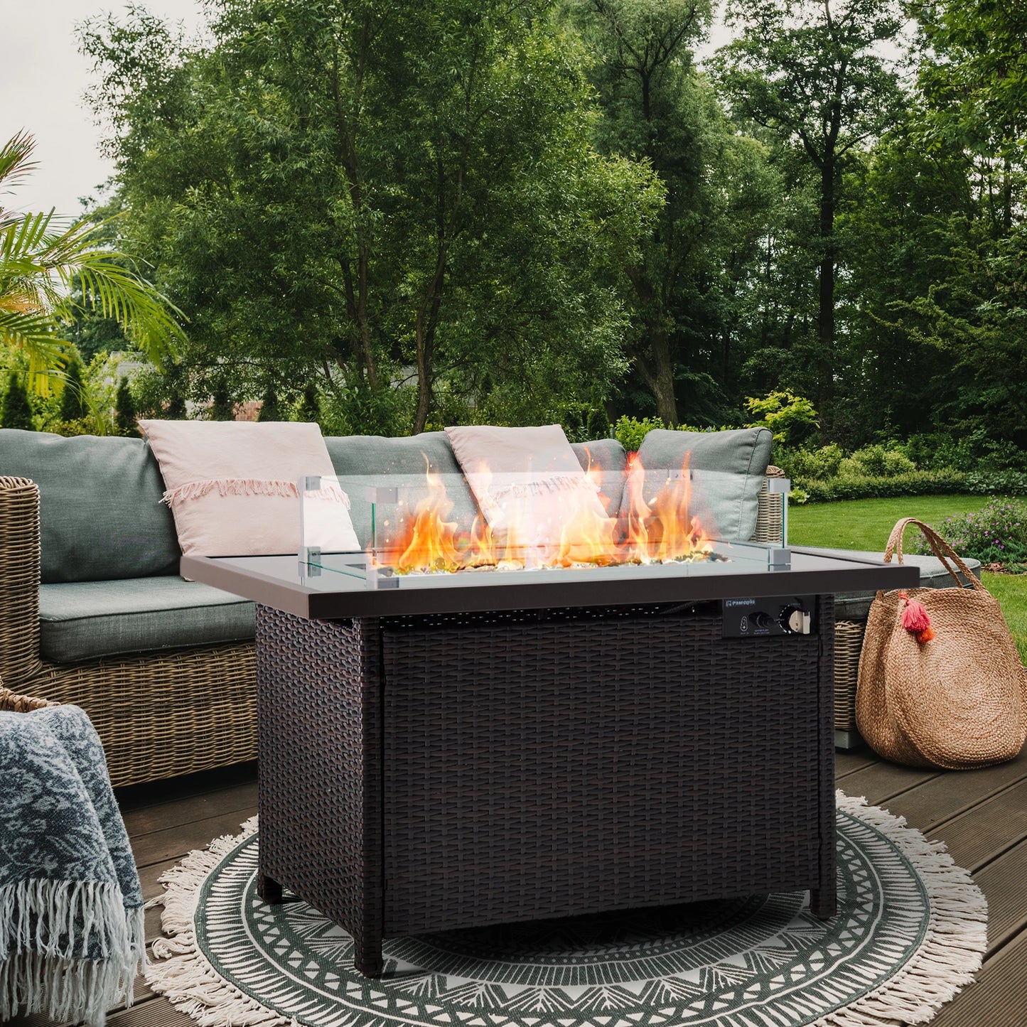 Pamapic 50000 BTU AutoIgnition Glass Wind Guard Fire Pit Table