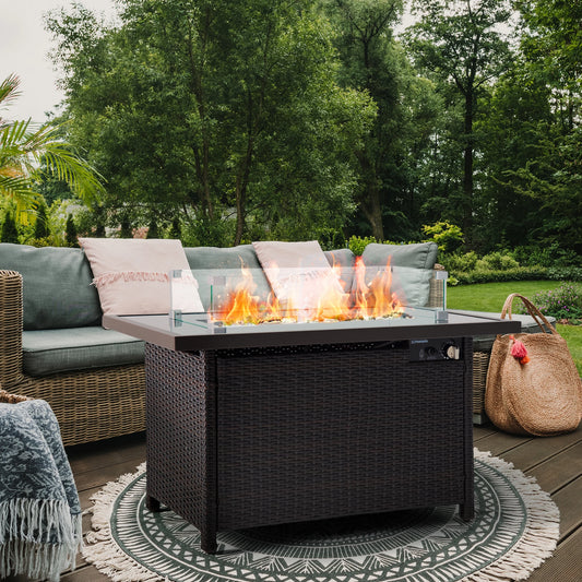 50,000 BTU Auto-Ignition Fire Pit Table With Glass Wind Guard