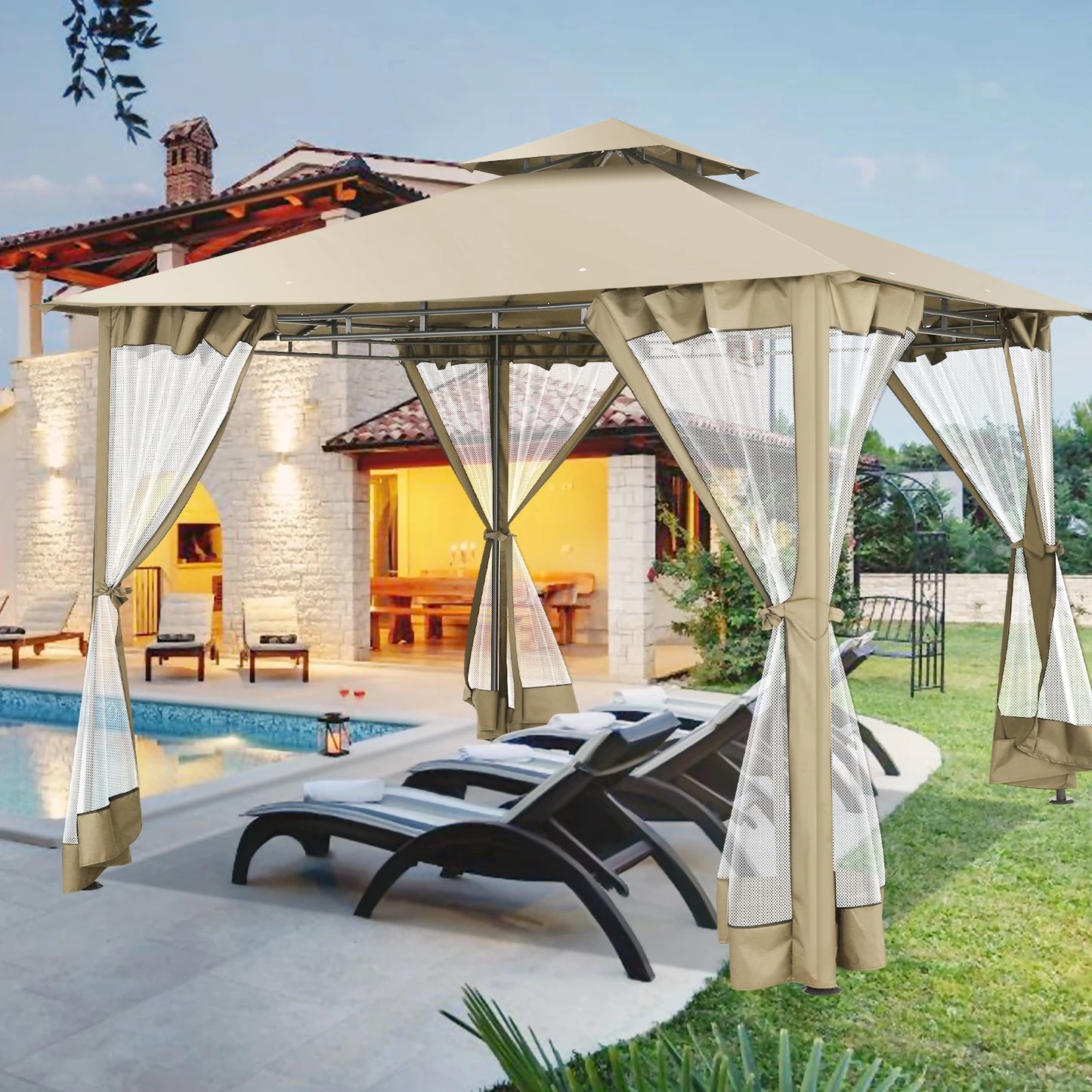 10' x 10' Steel Frame Patio Gazebo with Double Roof &amp; Mesh Netting