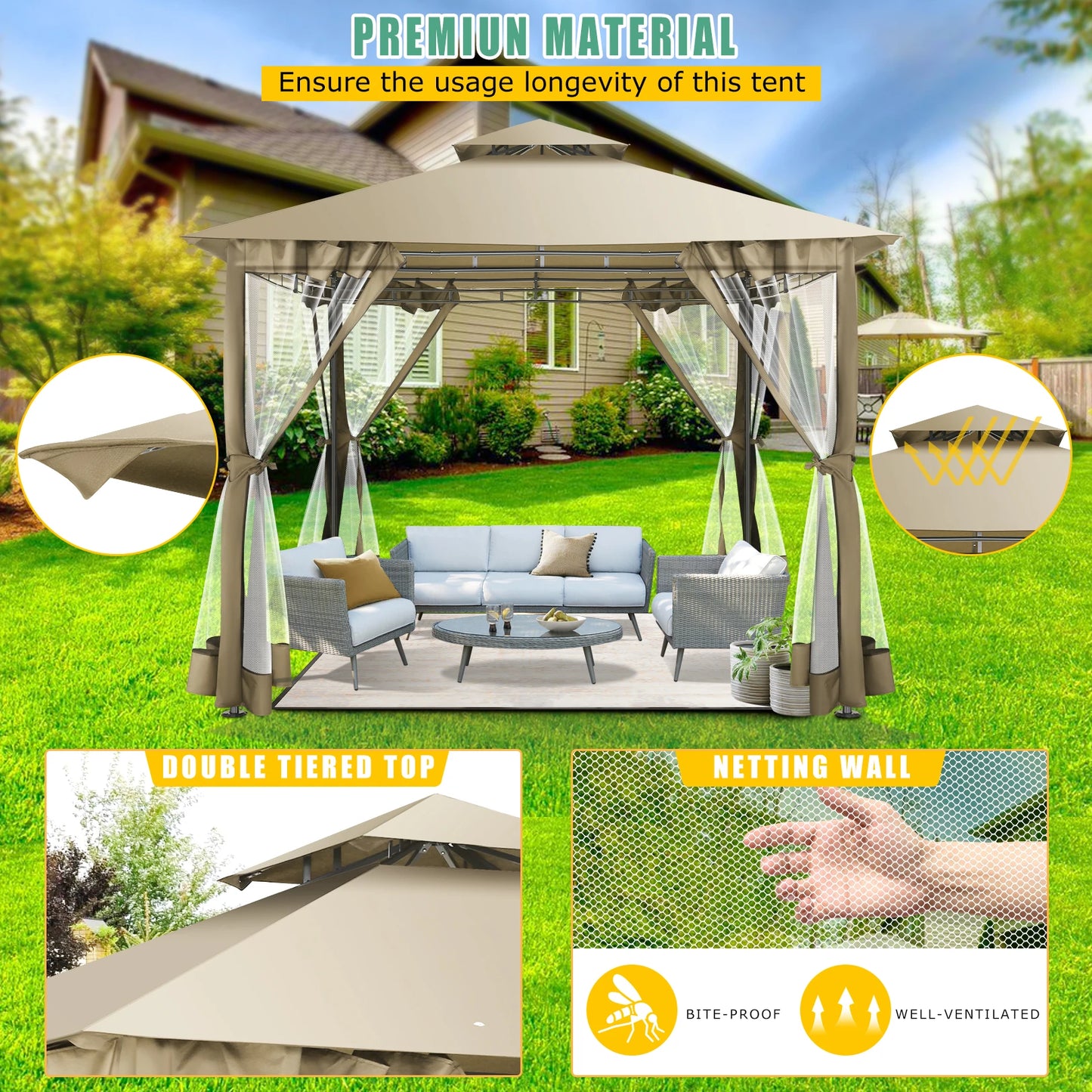 10' x 10' Steel Frame Patio Gazebo with Double Roof &amp; Mesh Netting