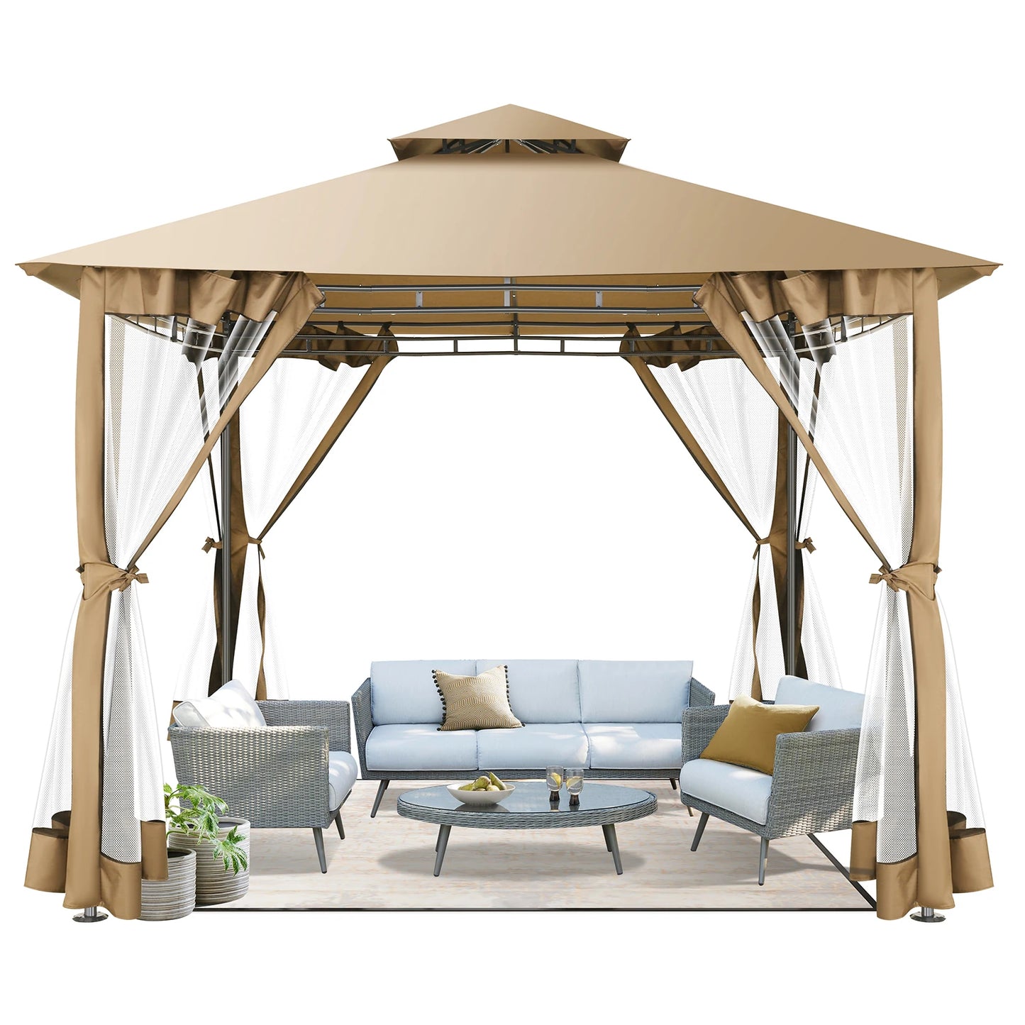 10' x 10' Steel Frame Patio Gazebo with Double Roof &amp; Mesh Netting